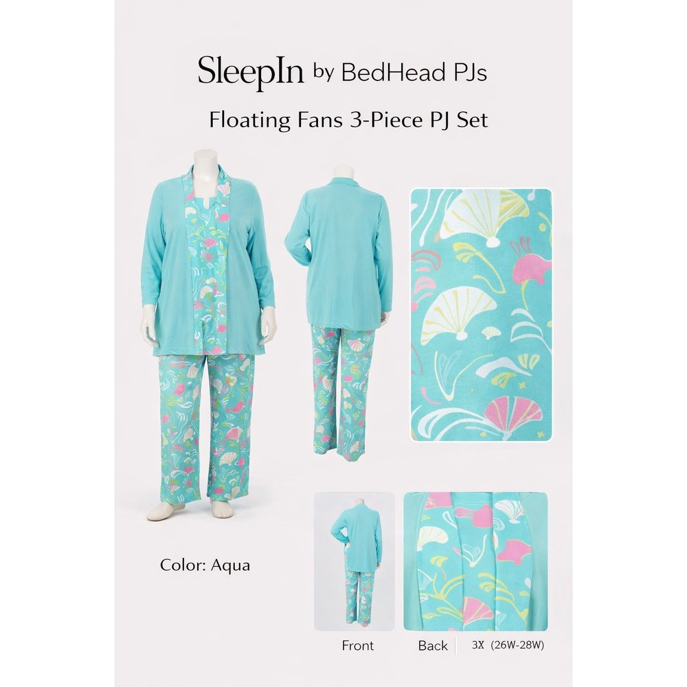 SleepIn by BedHead PJs Floating Fans 3-Piece Pajama Set Aqua Plus 3X 26W-28W NEW